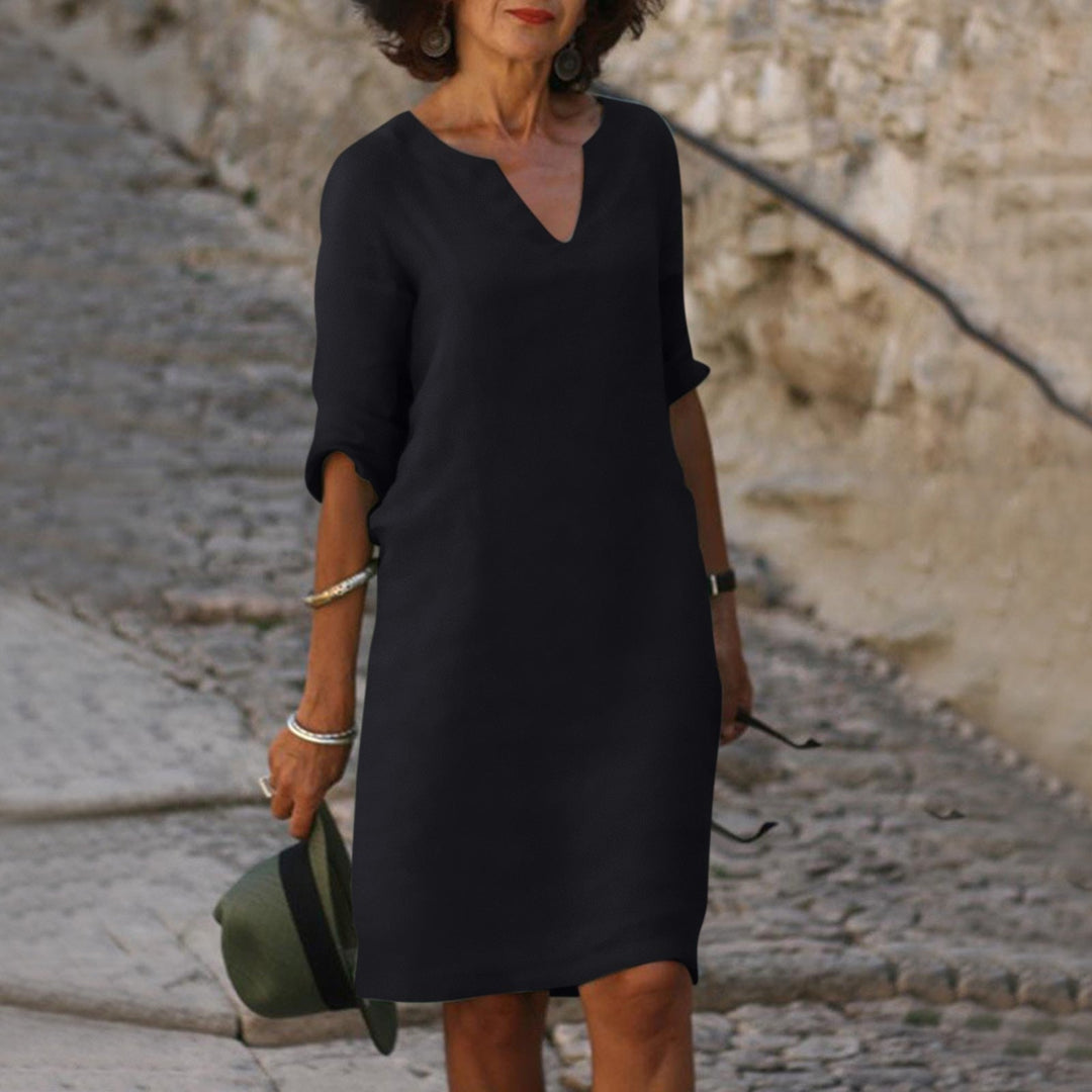 Women's Summer V-Neck Midi Dress Tummy Cover Pockets