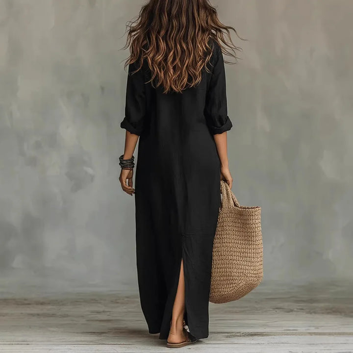 Women's Maxi Shirt Dress with Lapel Collar, Button Placket and Side Split