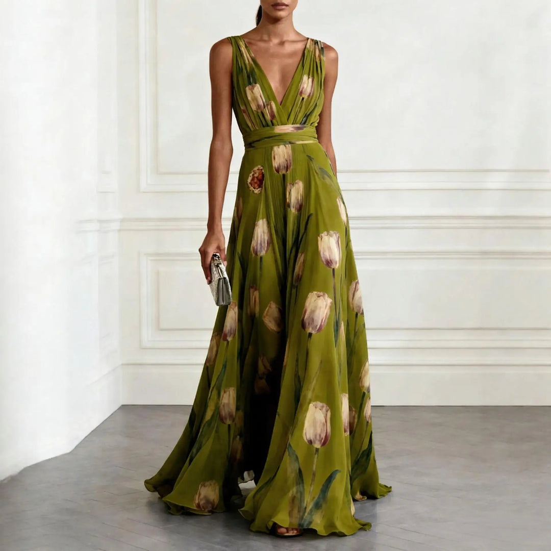 Women's Tulip Print Wedding Guest Maxi Dress with V-Neck and Brooch Detail