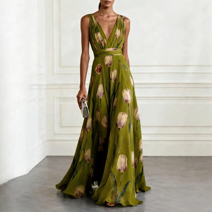 Women's Tulip Print Wedding Guest Maxi Dress with V-Neck and Brooch Detail