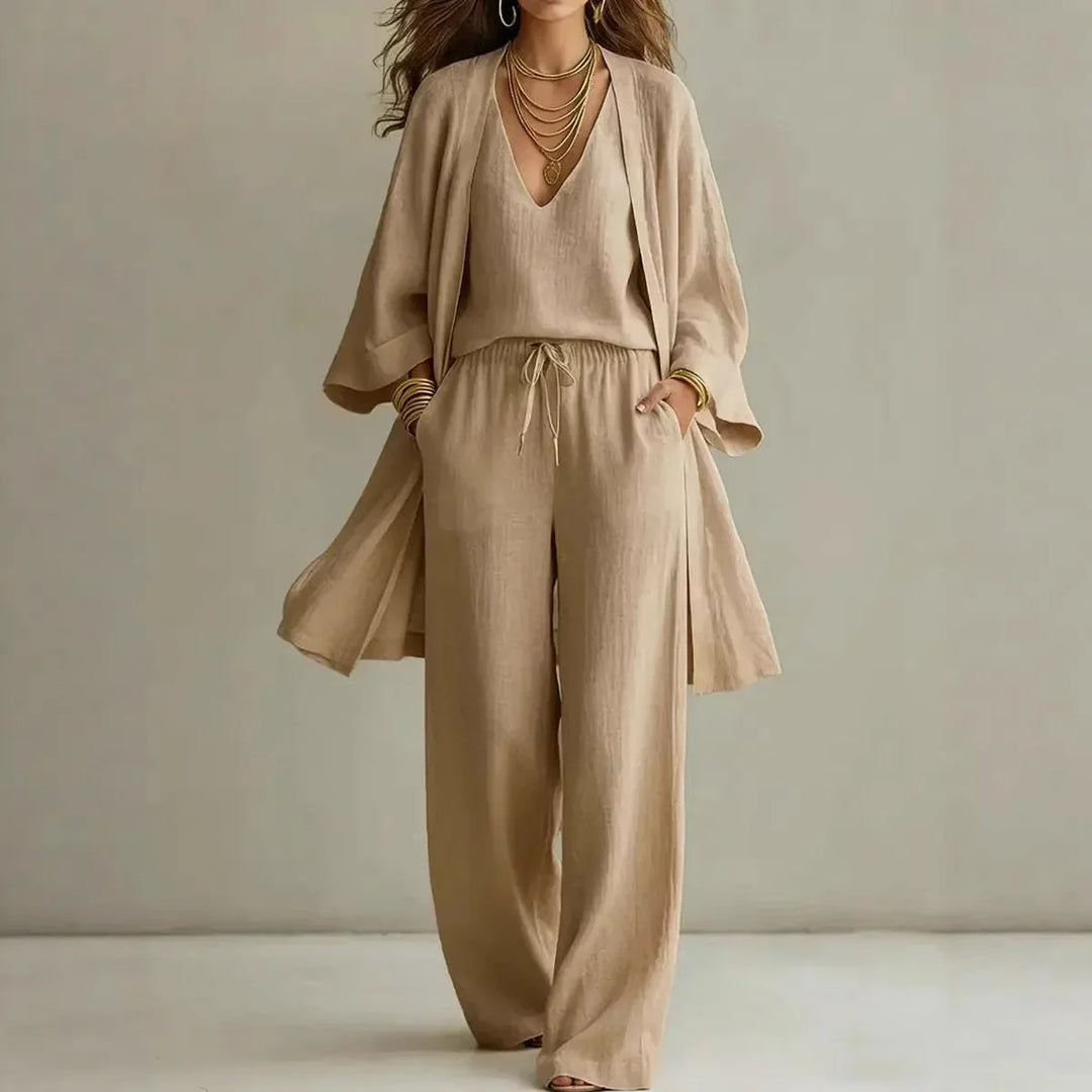 Women's Linen Three Piece Co-ord Cardigan Trousers Set