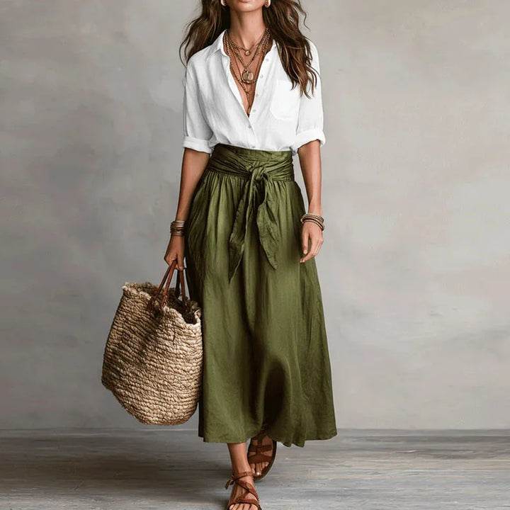 Women's Boho Linen Co-Ord Set Button Shirt Tie Waist Skirt
