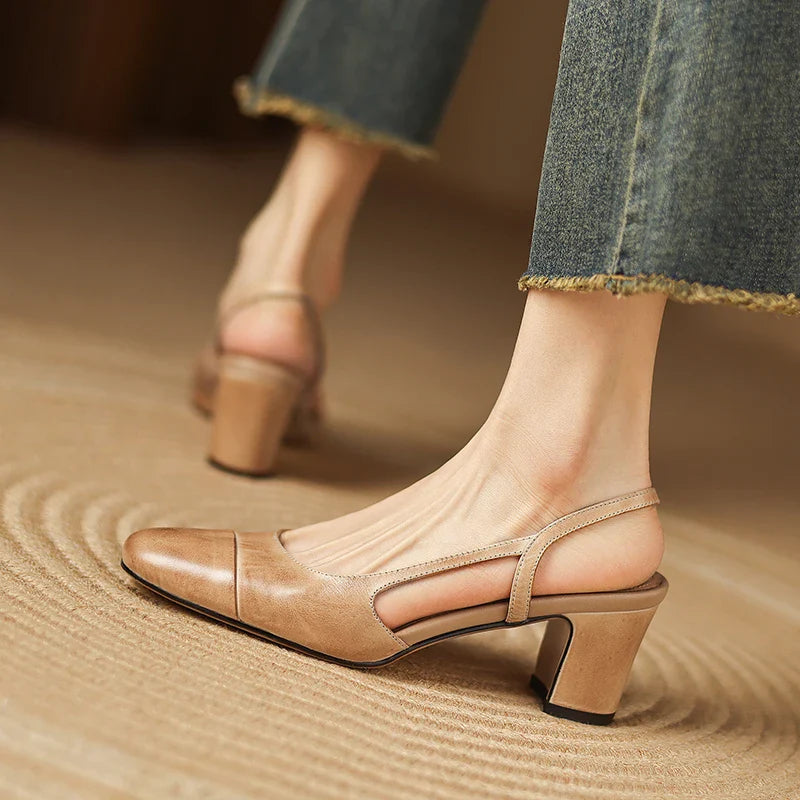 Women's Leather Round Toe Block Heel Slingback Court Shoes