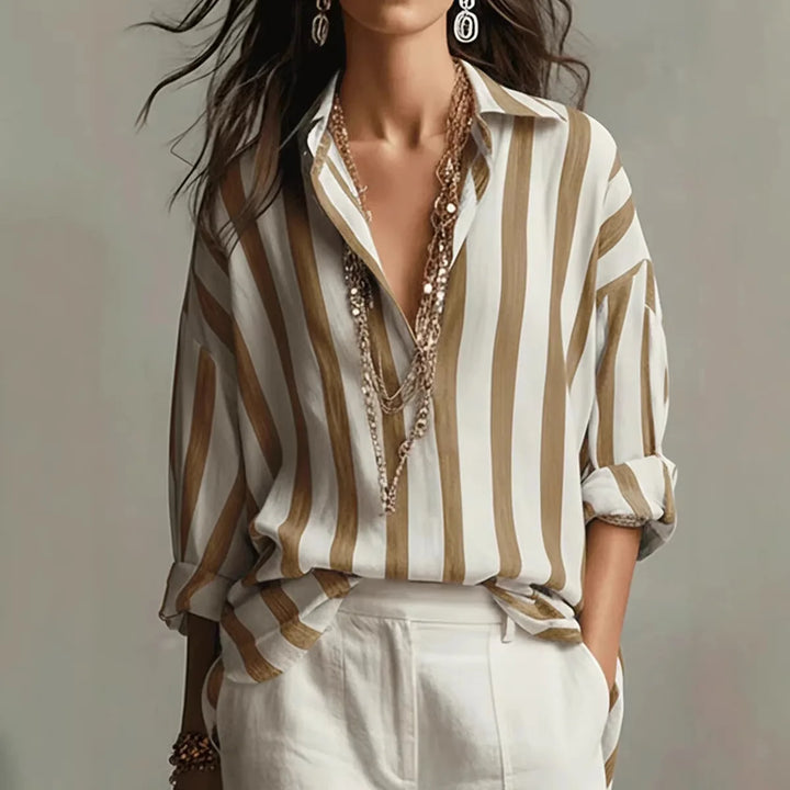 Women's Elegant Linen Striped Long Sleeve Collared Blouse