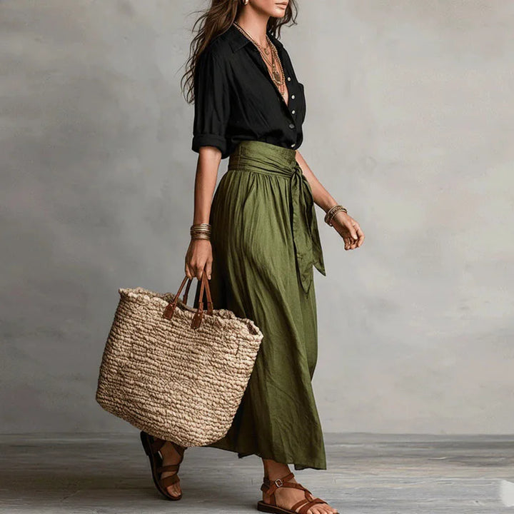 Women's Boho Linen Co-Ord Set Button Shirt Tie Waist Skirt
