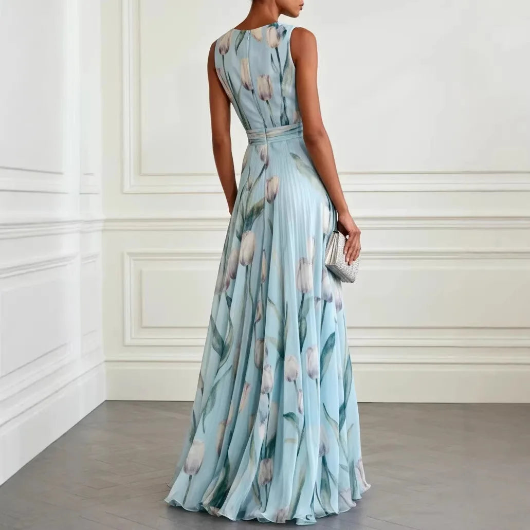 Women's Tulip Print Wedding Guest Maxi Dress with V-Neck and Brooch Detail