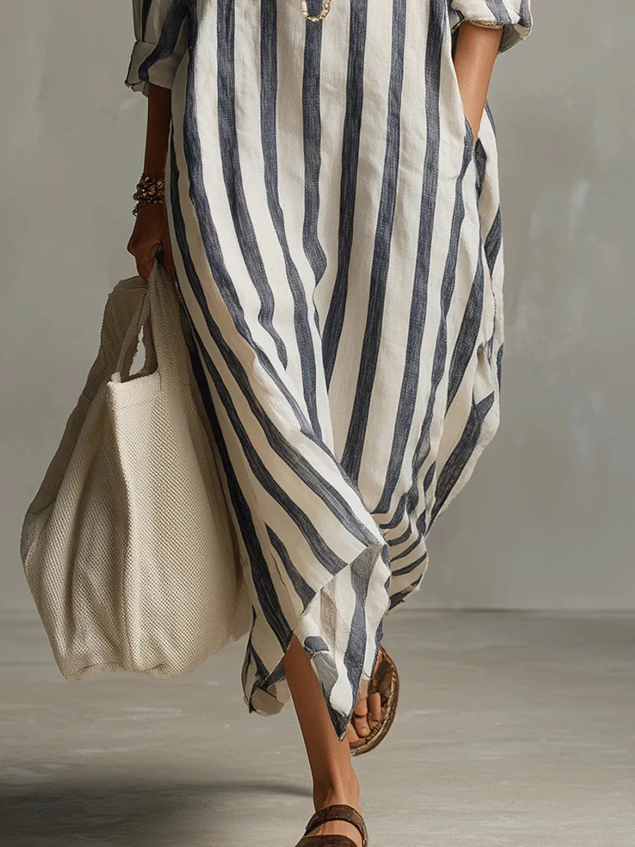 Women's Striped Maxi Shirt Dress with Lapel Collar and Button Placket