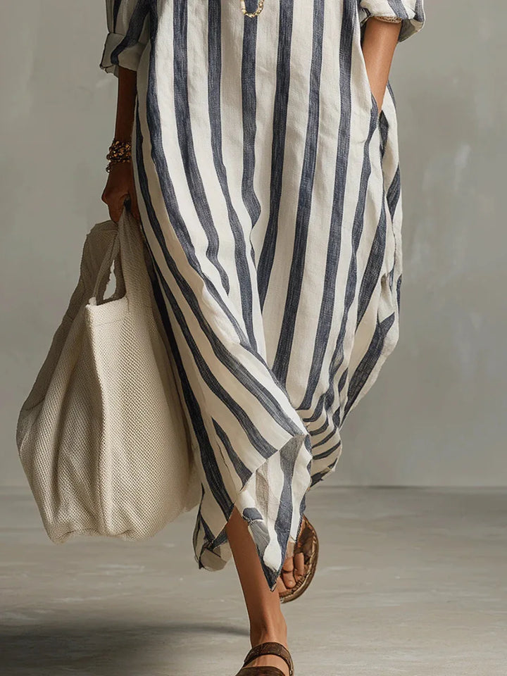 Women's Striped Maxi Shirt Dress with Lapel Collar and Button Placket