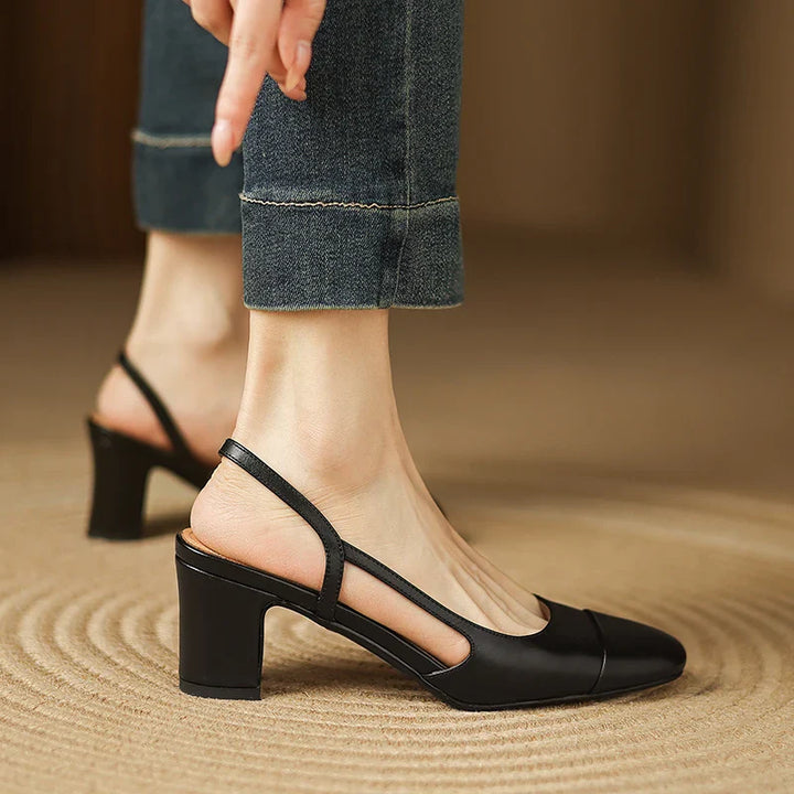Women's Leather Round Toe Block Heel Slingback Court Shoes