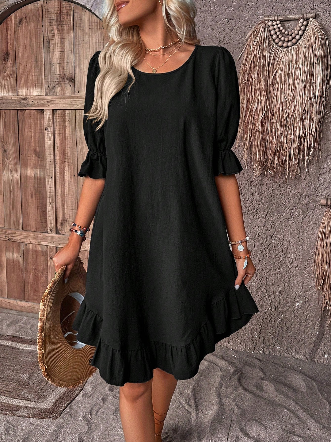 Women's Ruffle Hem Summer Dress Round Neck Puff Sleeve