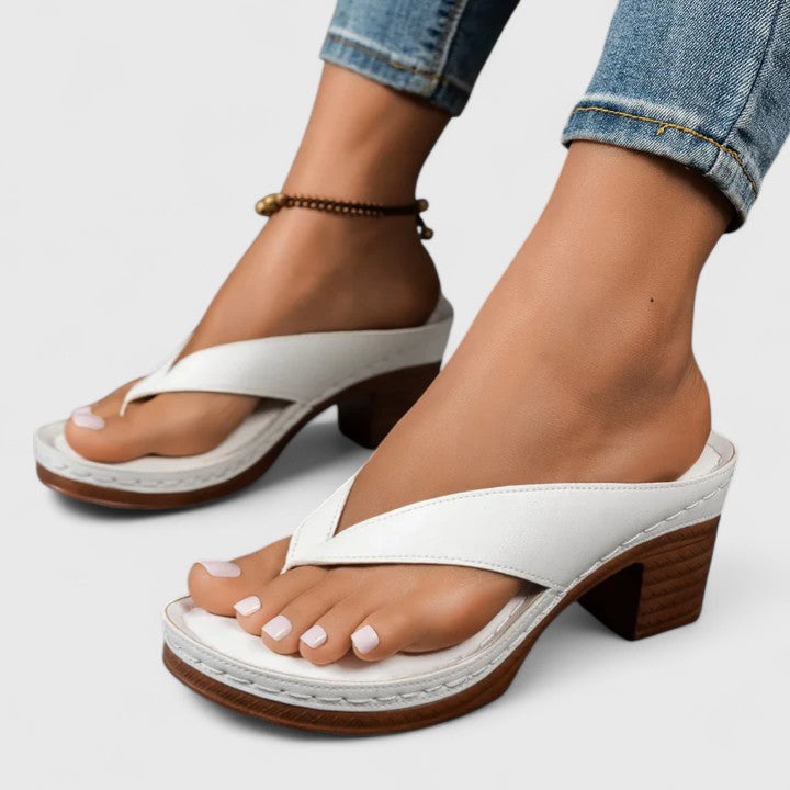 Women's Orthopaedic Thong Toe Block Heel Wood Effect Sandals