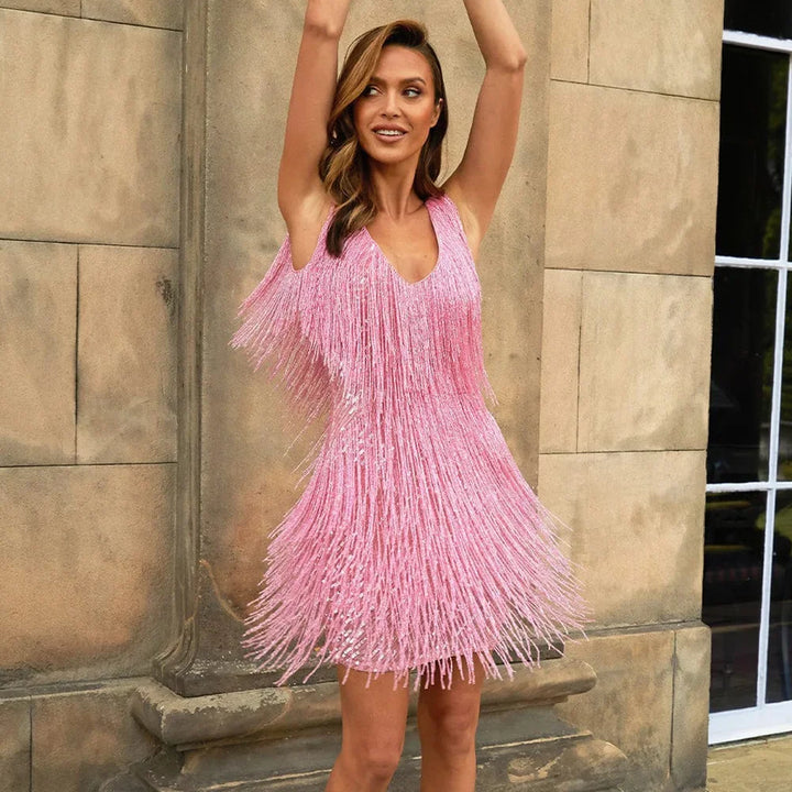 Women's Sequin Fringe V-Neck Sleeveless A-Line Cocktail Dress