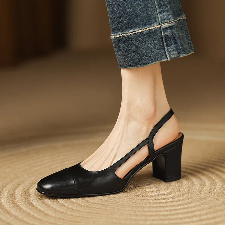 Women's Leather Round Toe Block Heel Slingback Court Shoes