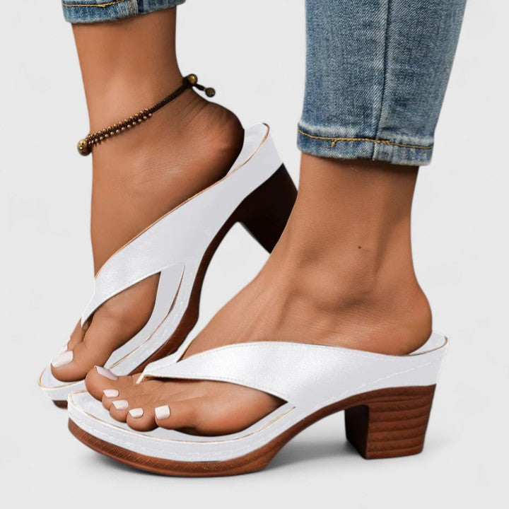 Women's Orthopaedic Thong Toe Block Heel Wood Effect Sandals