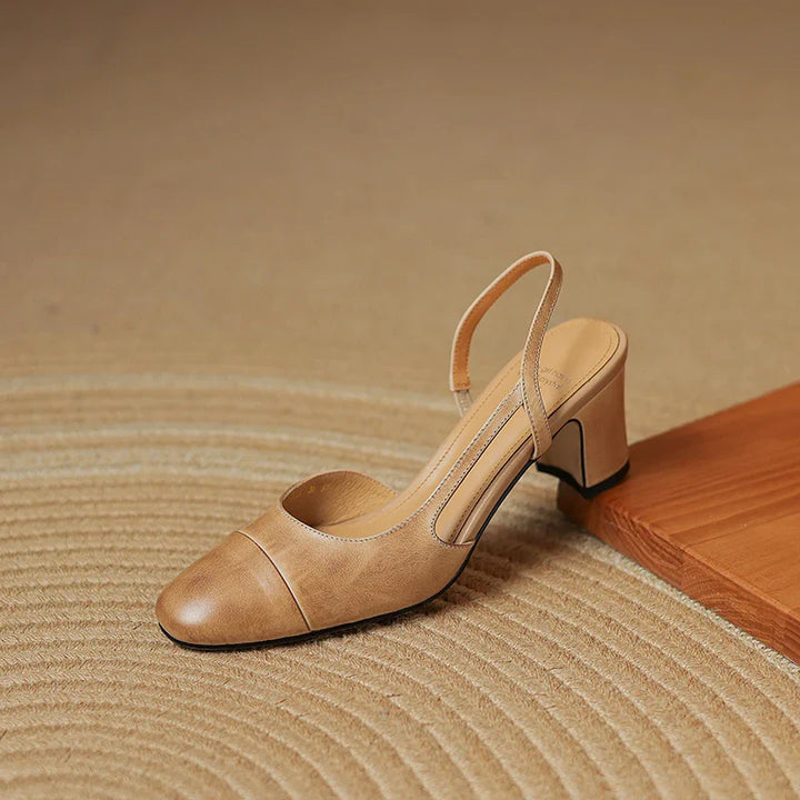 Women's Leather Round Toe Block Heel Slingback Court Shoes