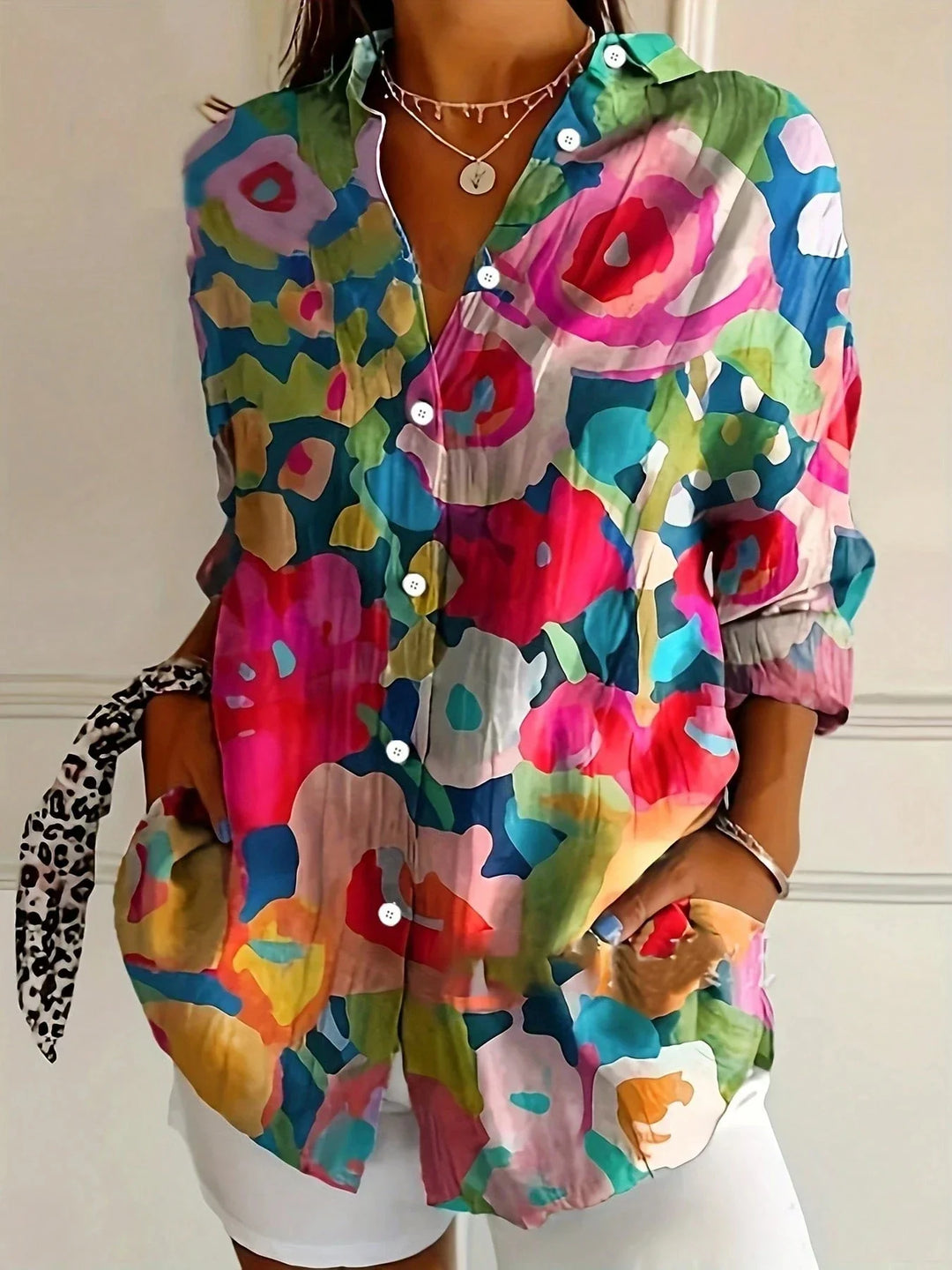 Women's Colourful Print Long Sleeve Shirt with Spread Collar and Loose Fit