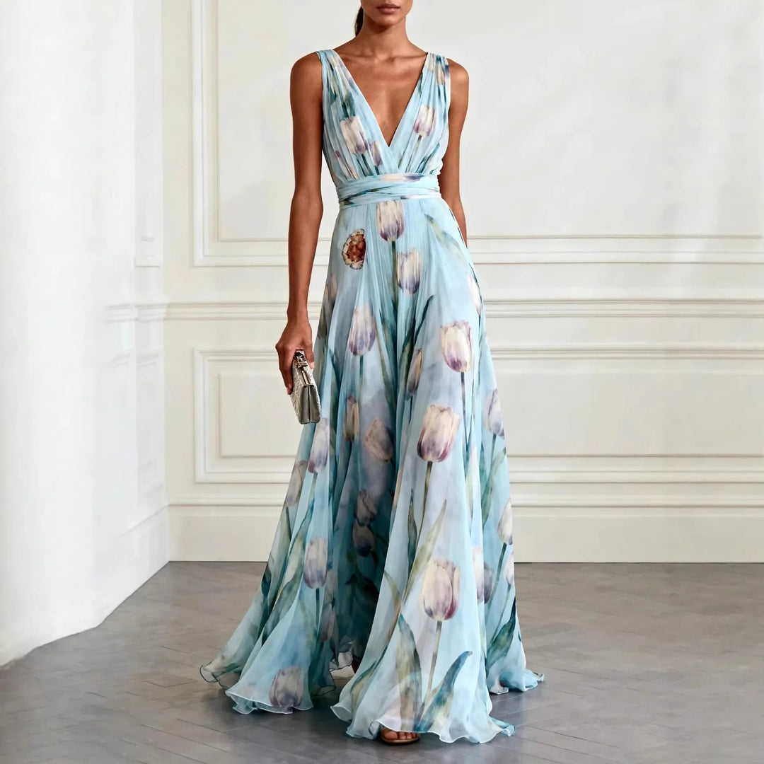 Women's Tulip Print Wedding Guest Maxi Dress with V-Neck and Brooch Detail