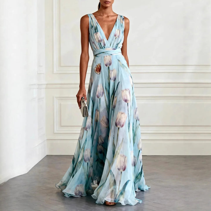 Women's Tulip Print Wedding Guest Maxi Dress with V-Neck and Brooch Detail