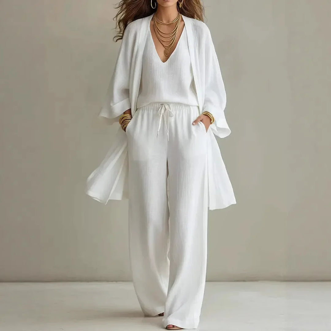 Women's Linen Three Piece Co-ord Cardigan Trousers Set