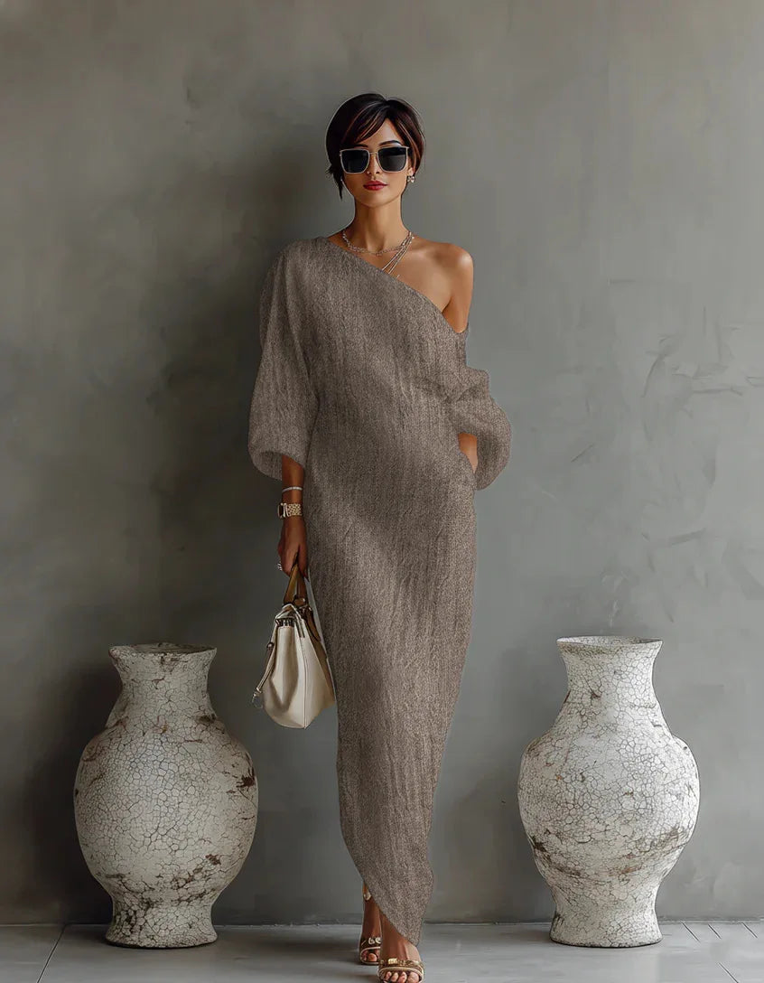 Women's Linen One Shoulder Maxi Dress Batwing Sleeve