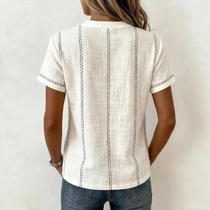 Women's Textured Stripe V-Neck Button Blouse