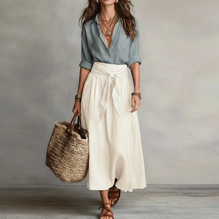 Women's Boho Linen Co-Ord Set Button Shirt Tie Waist Skirt