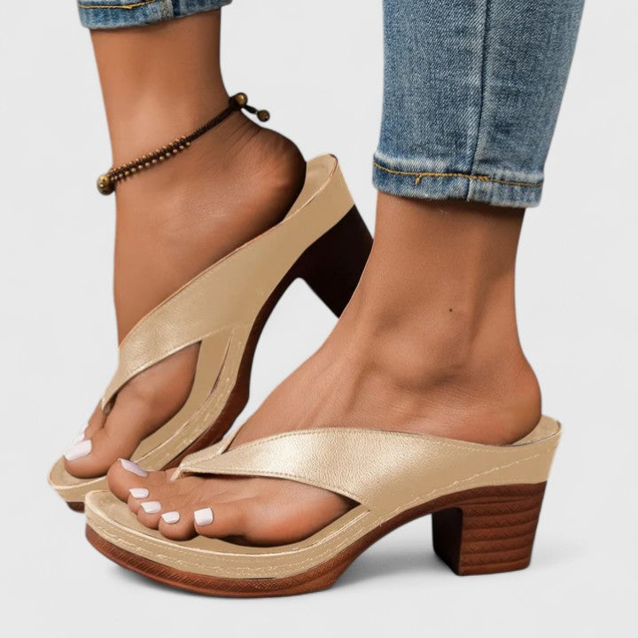 Women's Orthopaedic Thong Toe Block Heel Wood Effect Sandals