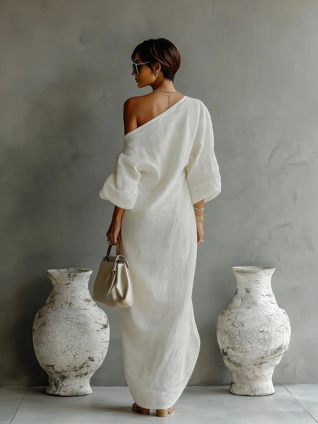 Women's Linen One Shoulder Maxi Dress Batwing Sleeve
