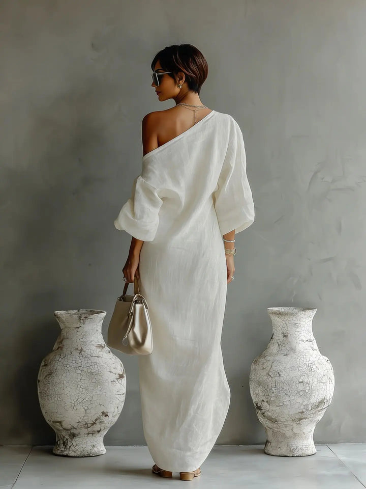 Women's Linen One Shoulder Maxi Dress Batwing Sleeve
