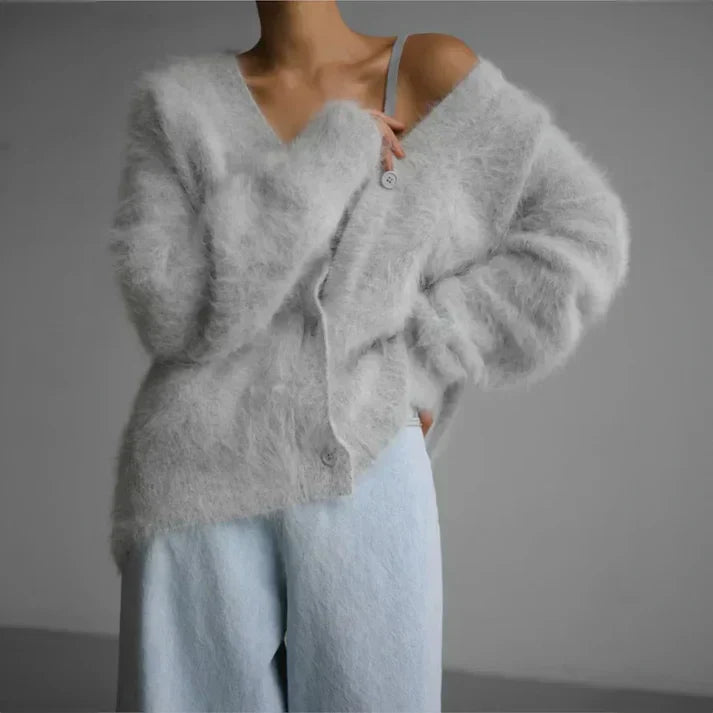 Women's Fluffy Cashmere V-Neck Oversized Cardigan