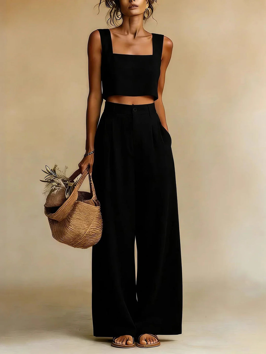 Women's Summer Square Neck Crop Top Palazzo Trousers Set