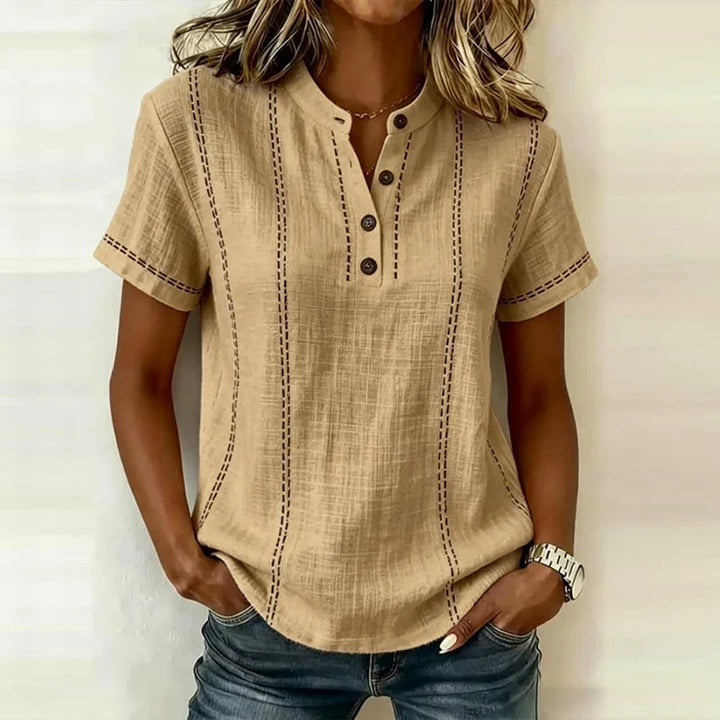 Women's Textured Stripe V-Neck Button Blouse