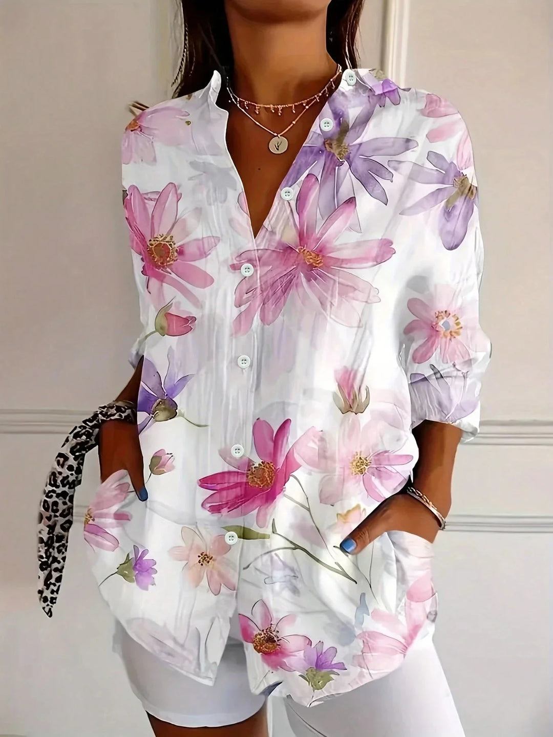 Women's Colourful Print Long Sleeve Shirt with Spread Collar and Loose Fit