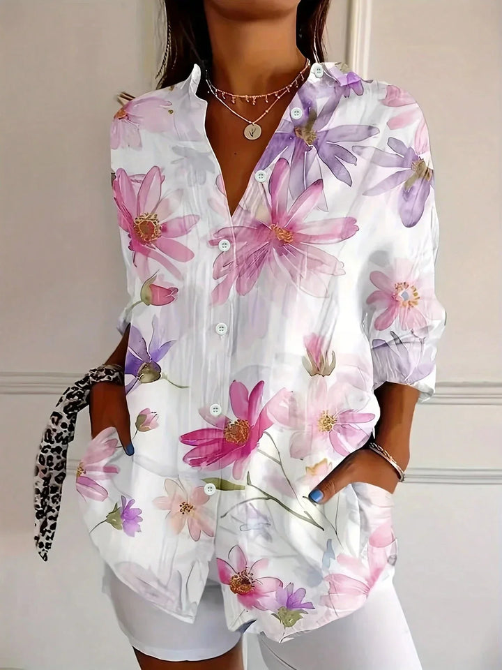 Women's Colourful Print Long Sleeve Shirt with Spread Collar and Loose Fit