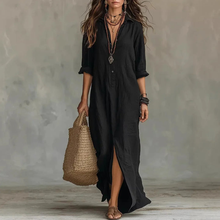 Women's Maxi Shirt Dress with Lapel Collar, Button Placket and Side Split