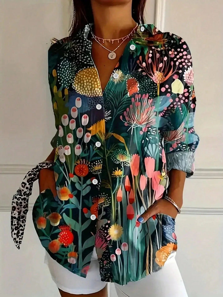 Women's Colourful Print Long Sleeve Shirt with Spread Collar and Loose Fit