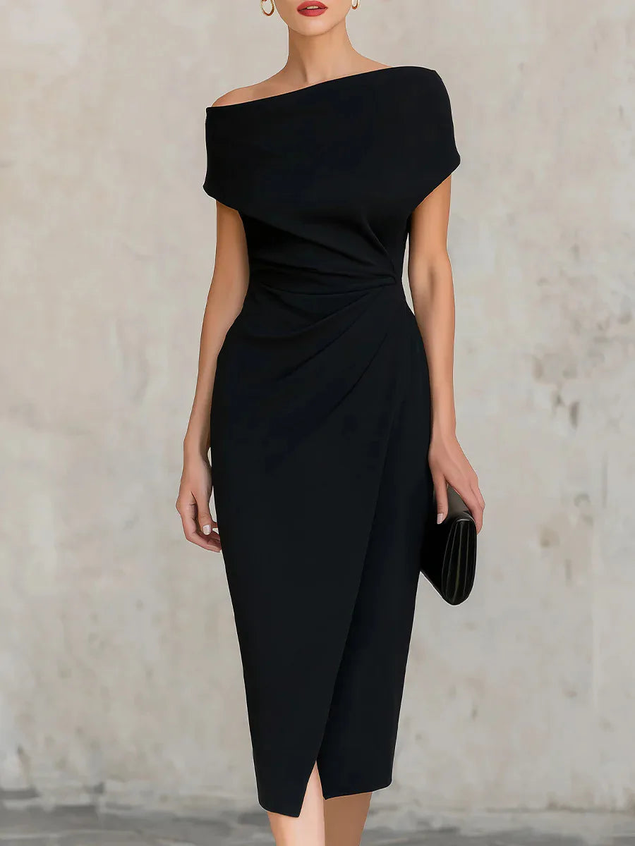 Women's Asymmetric Off-Shoulder Pleated Waist Midi Dress