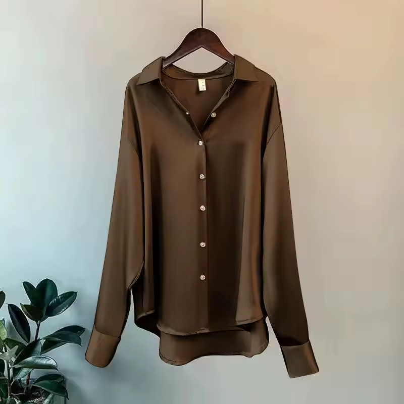 Women's Satin Finish Long Sleeve Button-Up Blouse