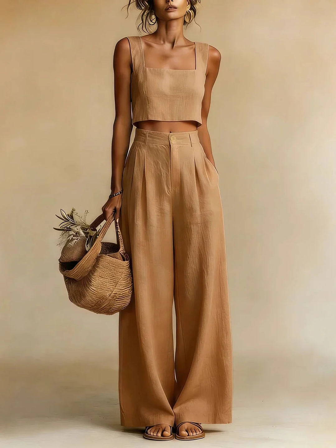 Women's Summer Square Neck Crop Top Palazzo Trousers Set