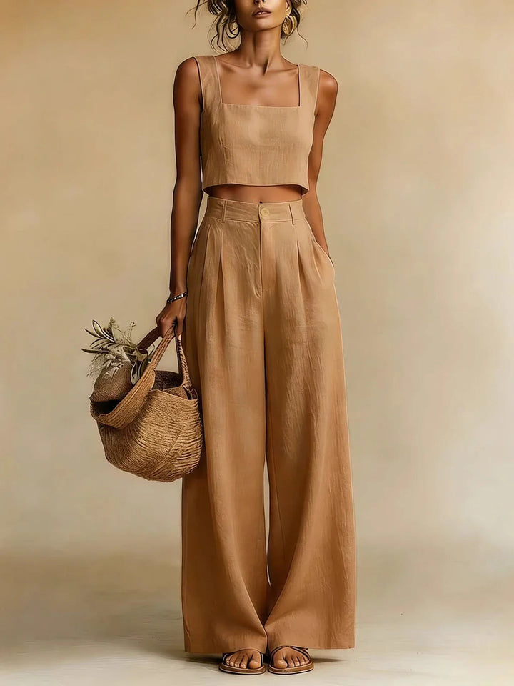 Women's Summer Square Neck Crop Top Palazzo Trousers Set