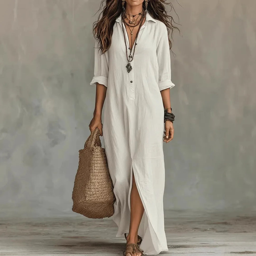 Women's Maxi Shirt Dress with Lapel Collar, Button Placket and Side Split