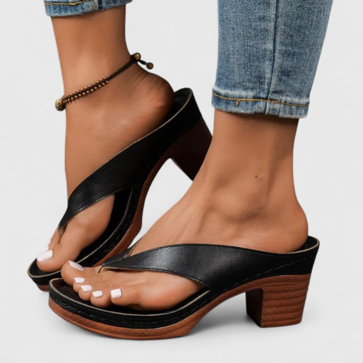 Women's Orthopaedic Thong Toe Block Heel Wood Effect Sandals