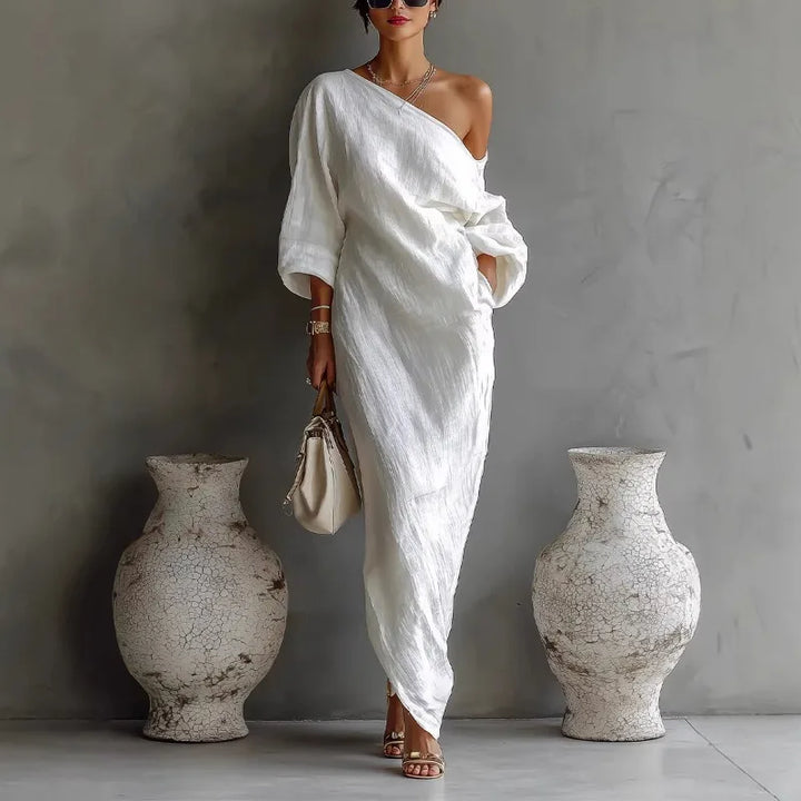Women's Linen One Shoulder Maxi Dress Batwing Sleeve