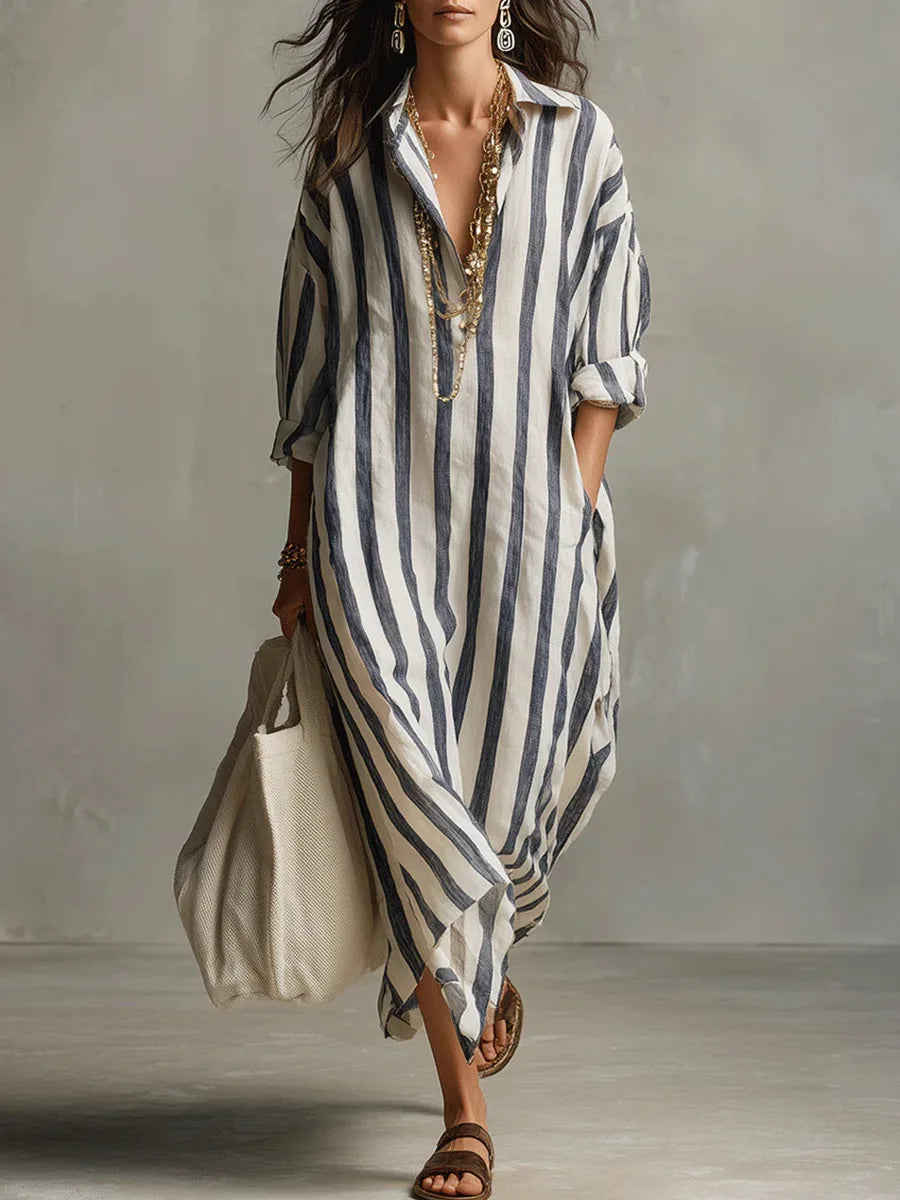 Women's Striped Maxi Shirt Dress with Lapel Collar and Button Placket