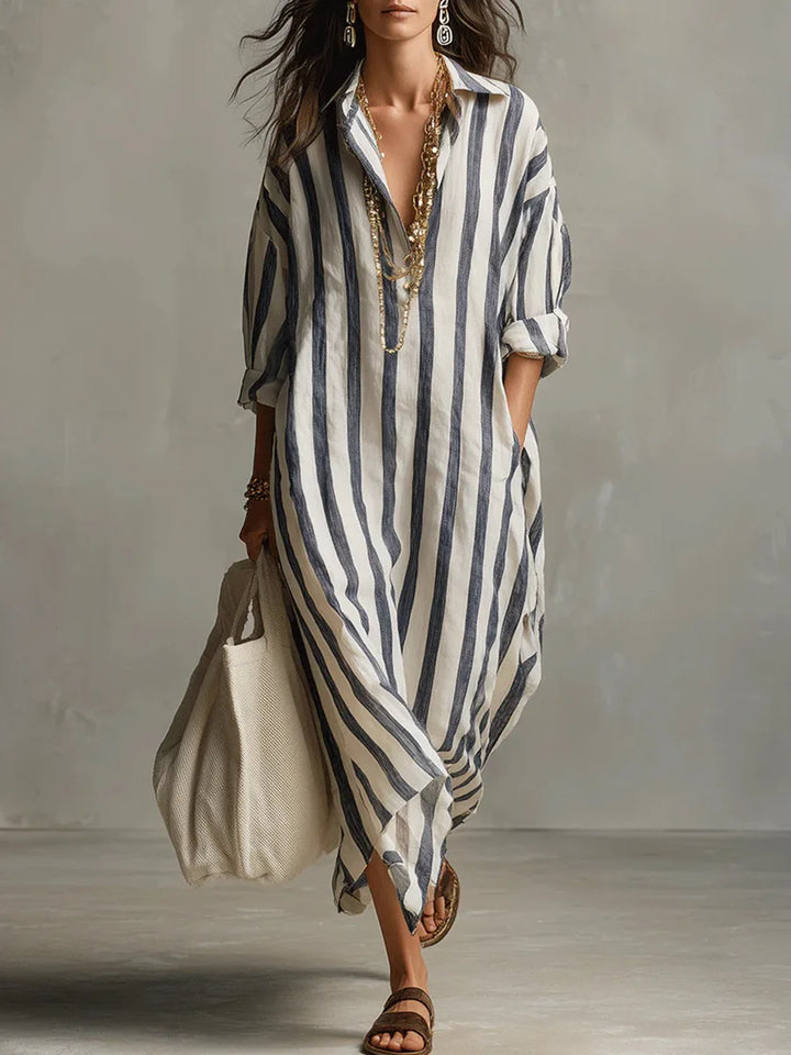 Women's Striped Maxi Shirt Dress with Lapel Collar and Button Placket