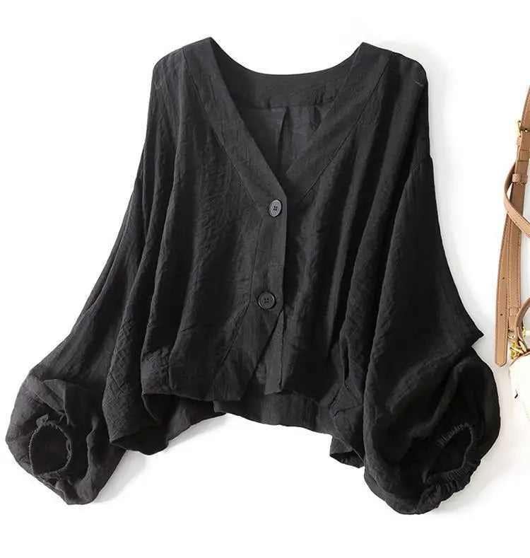 Women's Linen V-Neck Batwing Sleeve Blouse with Button Detail