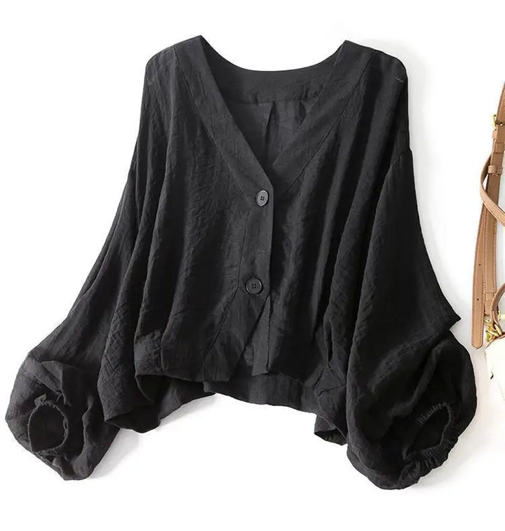 Women's Linen V-Neck Batwing Sleeve Blouse with Button Detail