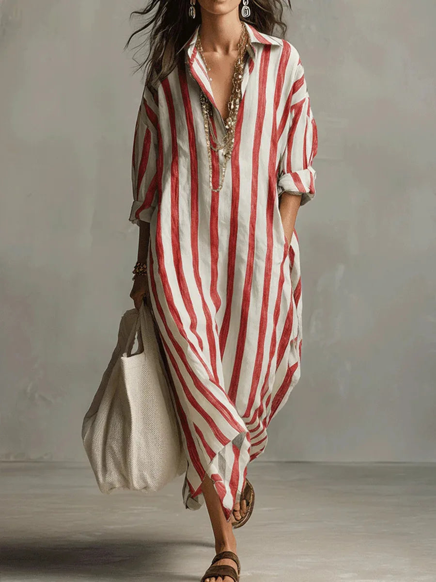 Women's Striped Maxi Shirt Dress with Lapel Collar and Button Placket