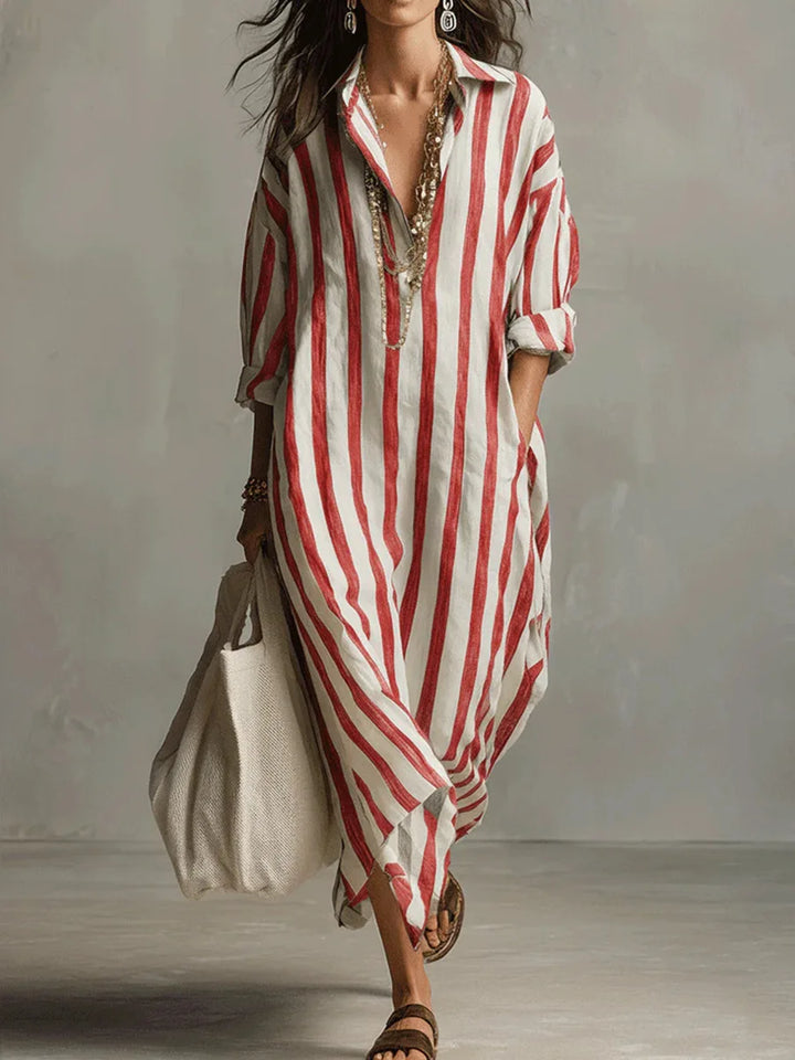Women's Striped Maxi Shirt Dress with Lapel Collar and Button Placket