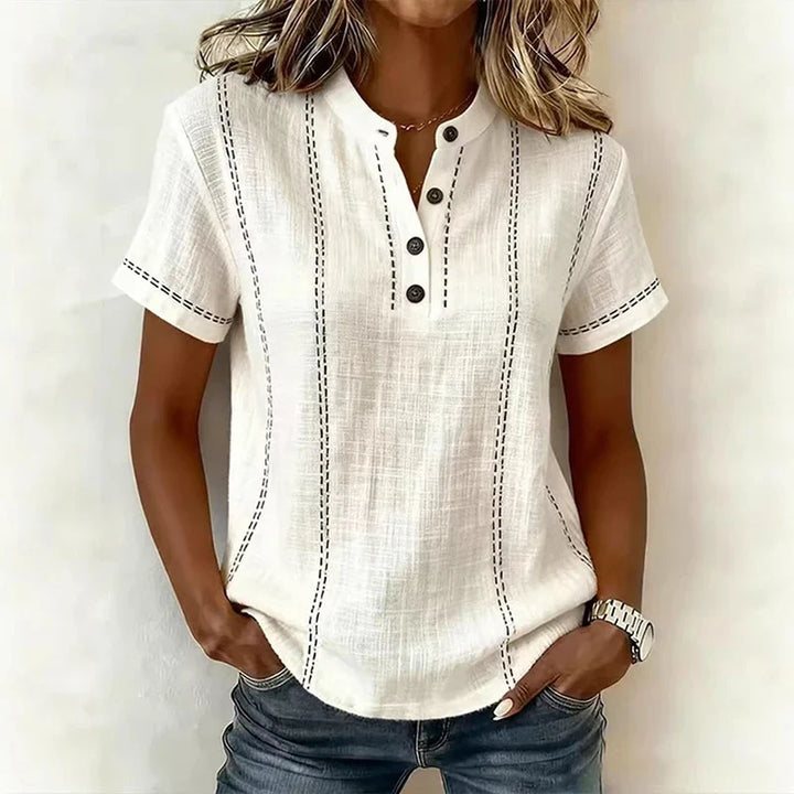 Women's Textured Stripe V-Neck Button Blouse